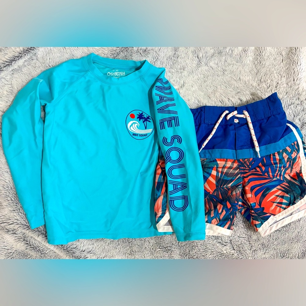 OshKosh B'gosh Blue Rash Guard and Tropical Swim Shorts, size 2T